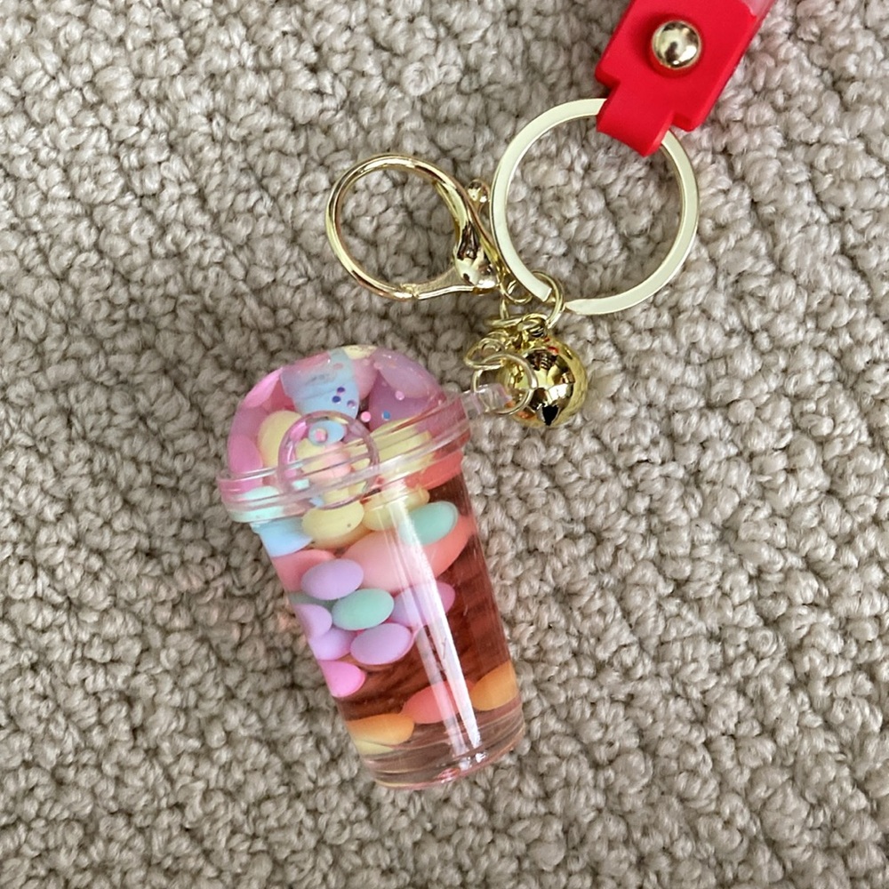 NEW Pink Bubble Tea Bag Charm Shakeable Key Chain Boba with Bell NIB - Picture 5 of 8